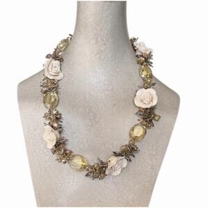 Romantic Ivory Rose Statement Necklace Crystal Beads Vintage Inspired Bridal